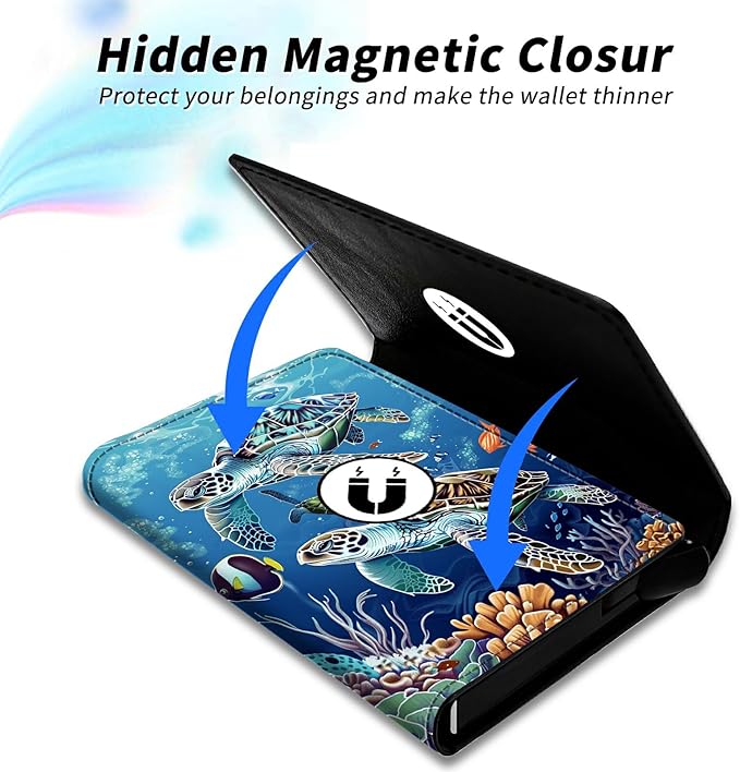Sea Turtles Minimalist Wallet for Men, Pop Up Card Case Wallet for Women, PU Leather Automatic Credit Card Holder Metal Money Clip Wallet RFID Blocking Bifold Pocket Wallet