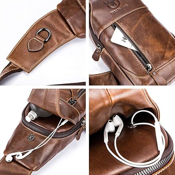 Hebetag Leather Sling Bag Backpack for Men Women Travel Outdoor Sports Camping Casual Crossbody Shoulder Chest Day Pack Backpacks Brown