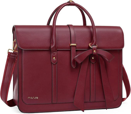 MOSISO Laptop Bag for Women, 15-15.6 inch PU Leather Laptop Shoulder Bags Convertible Backpack, 16 inch Messenger Bags Casual Handbag Work Briefcase Travel Computer Bag with Bowknot, Wine Red