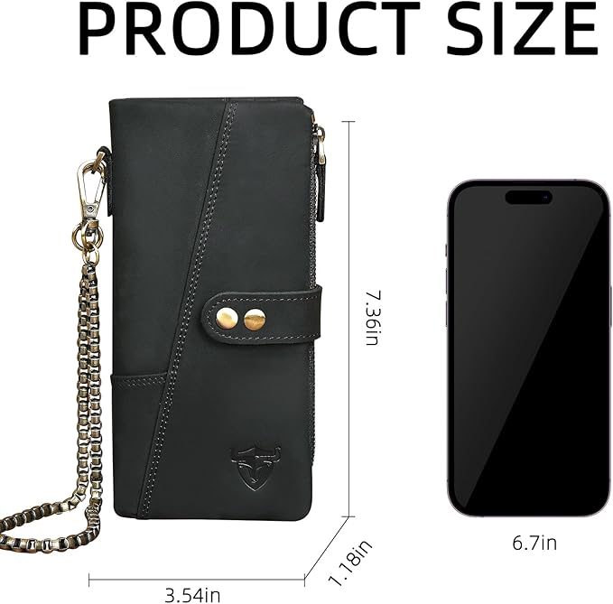 Genuine Crazy Horse Leather Travel Gift Coin Pocket Card Case Long Organizer Chain Rfid Wallet Purse With Snap For Men Male 1803 1815 (1803 The Black2)