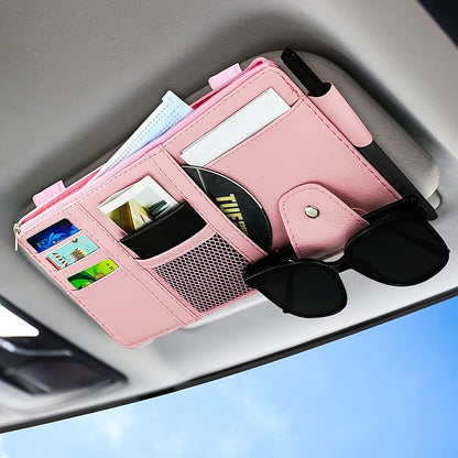 Car Sun Visor Organizer, Leather Pocket Organizer Sunglass Holder for Car Interior Accessories with Multi-Pocket Net Zipper, Pink
