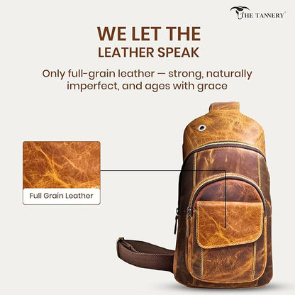 The Tannery Handmade Buffalo Leather Multipurpose Travel Hiking Crossbody Chest Backpack with Adjustable Shoulder Strap, Thanks Giving (Brown, Small)