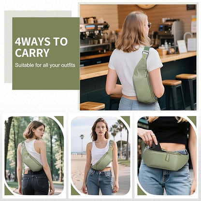 Faux Leather Belt Bag for Women, Crossbody Fanny Pack with Adjustable Strap, Back Zipper Pocket, Large Capacity Waist Pack for Travel, Concerts, Green