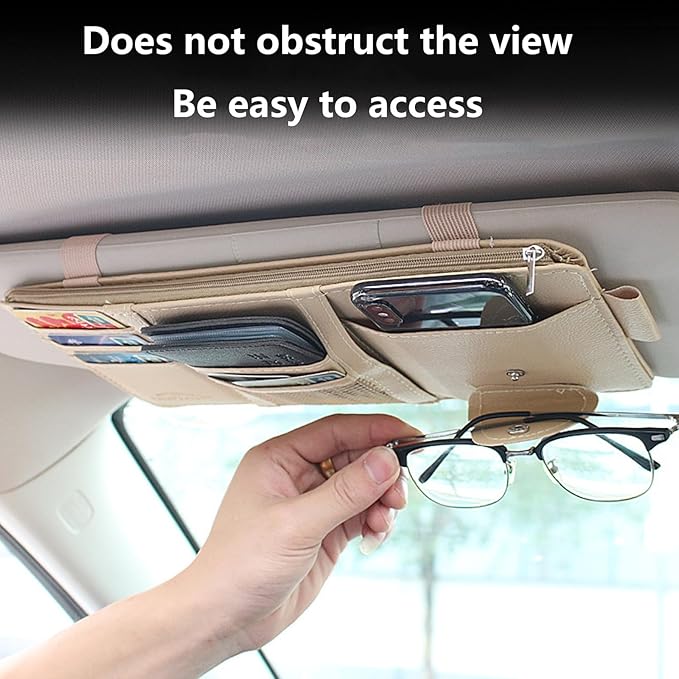 Grey Multifunctional Car Sun Visor Organizer Sun Visor Caddy Sunvisor Pouch Visor Storage with a Zipper Bag Car Visor Accessories,3 Cards Holder,CD Glasses Pen Holder