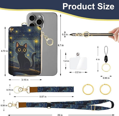 Black Cat Lanyard Wallet with ID Badge Holder, Small RFID Wallet Women Keychain Wristlet, PU Leather Credit Card Holder with Zipper Pocket Phone Lanyard Wrist Strap Teacher Nurse Office