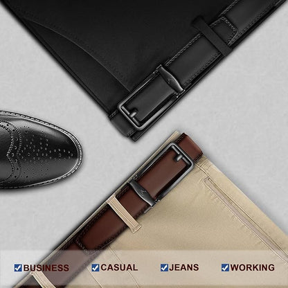BULLIANT Men Ratchet Belt 2 Pack, Click Sliding Leather Belt Adjustable for Gift Men Dress Casual Jeans 1 3/8,Cut for Fit