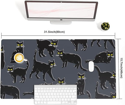 Colorful Star Black Large Mouse Pad, Cute Cat Waterproof Office Desk Mat, Non-Slip Gaming Mouse Pad, XXL PC Laptop Protector Pads, PU Leather Desk Writing Pads for Office Home, 31.5" x 15.7"