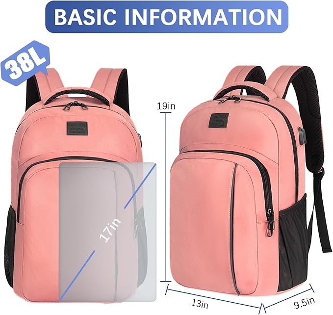 LARIPOP Carry On Backpack for Airplane, 17.3 Inch Laptop Backpack with USB Charging Port, Water Resistant Business Travel Backpack, Lightweight College School Bookbag Anti Theft for Men Women, Flesh