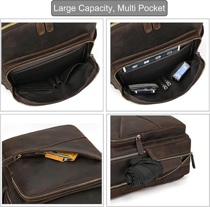 LUUFAN Vintage Genuine Leather Backpack Large Capacity 16" Laptop Shoulder Bag for Men Overnight Weekender Daypack Rucksack, Dark Brown