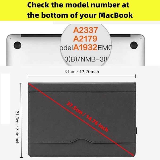 TYTX Compatible with MacBook Air 13 Inch Leather Case, for Model A2337 M1 A2179 A1932 2018-2021 Retina Display Touch ID, PU Leather Laptop Case with Pocket for Papers and Pen Holder, Black