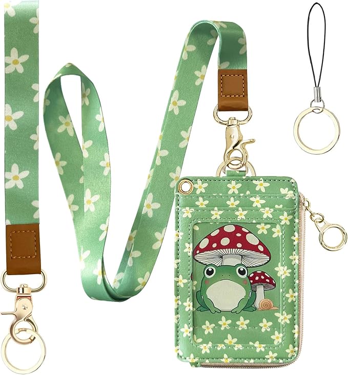 bolimoss 2-in-1 ID Badge Holder & Lanyard Wallet, Frog Mushroom Lanyard for ID Badge Wallet,Lanyard Wallet with Zipper Pocket,Cute Florals Badge Holder with Detachable Neck Wrist Lanyard
