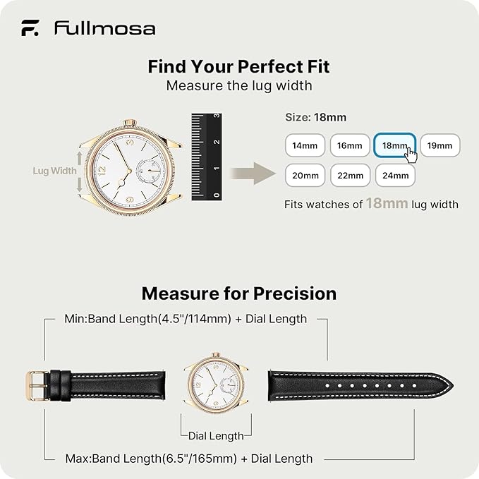 Fullmosa Watch Band, Quick Release Leather Watch Strap for Men Women, Replacement Bands Width 12mm 14mm 16mm 18mm 19mm 20mm 21mm 22mm 24mm