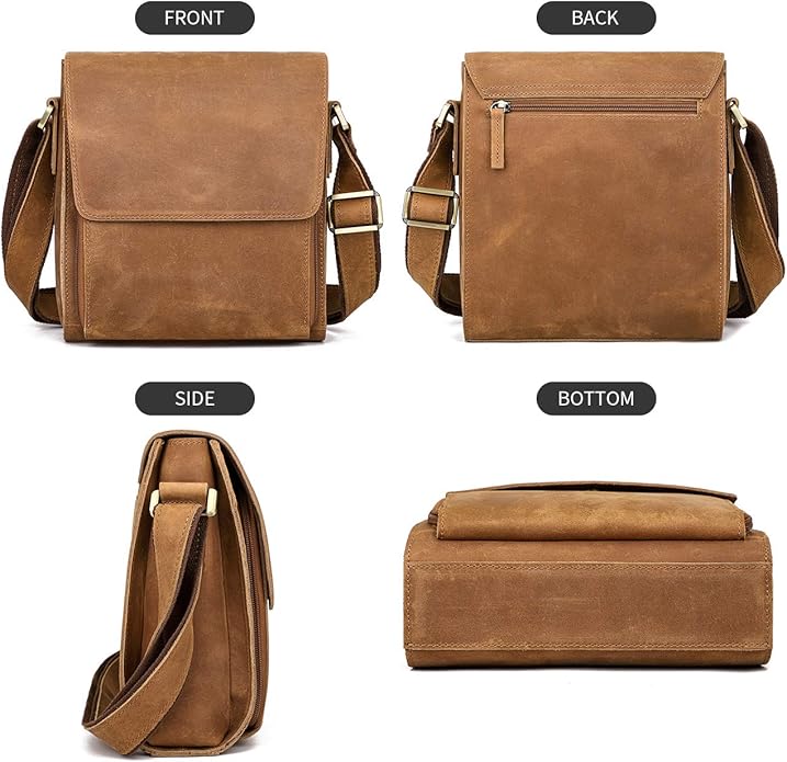 Augus Leather Messenger Crossbody Shoulder Bag for Men Work Business Casual Adjustable straps With YKK Metal Zipper