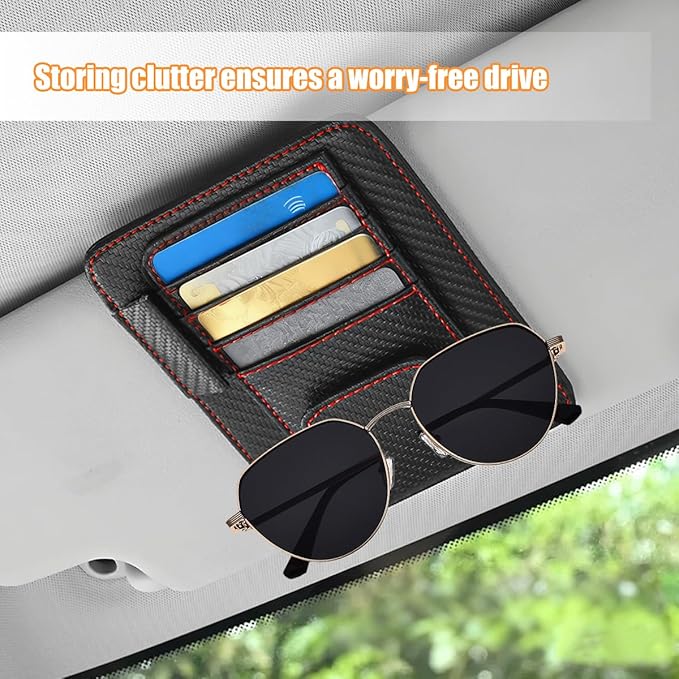 Car Sun Visor Organizer, PU Leather Vehicle Visor Document Storage Pocket for Sunglass Card Pen, Multifunctional Automotive Interior Holder Accessories, Universal Fit (Carbon Black/Red)