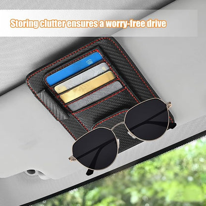 Car Sun Visor Organizer, PU Leather Vehicle Visor Document Storage Pocket for Sunglass Card Pen, Multifunctional Automotive Interior Holder Accessories, Universal Fit (Carbon Black/Red)