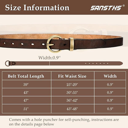 SANSTHS Womens Genuine Leather Belts for Jeans Pants Trendy Vintage Thin Leather Belt Gold Buckle Ladies Skinny Waist Belt
