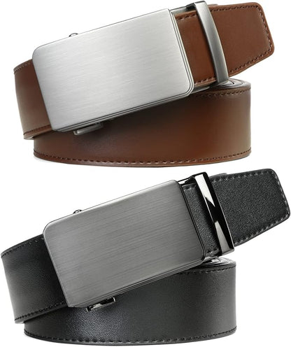 2 Pack Ratchet Belt 1 3/8", Mens leather Dress Belt in Gift Set Size 28"-62" Adjustable waist Trim to Fit