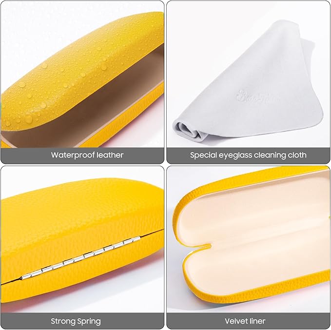 PU Leather Hard Shell Eyeglass Case Glass Holder box for Men and Women with Cleaning Cloth Yellow