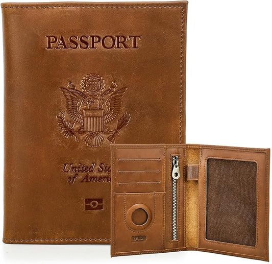 CONTACTS Full Grain Leather Passport Holder RFID Blocking Travel Passport Wallet Compatible with Airtag for Men and Women Passport Cover Case with 4 Cards Slots, Coin Pocket (Badge, Camel Brown)