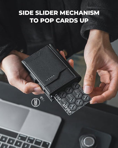 VULKIT Airtag Wallet with Keyring Leather Mens Pop up Credit Card Wallet with Air Tag Holder Trifold ID Window RFID Blocking（New-Black）