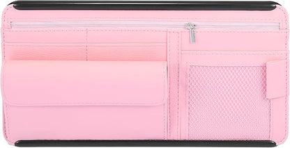 X AUTOHAUX Pink Universal Car Sun Visor Organizer Sunglasses Case Storage Pocket Hook and Loop Tape ABS PU Leather for SUV RV Truck