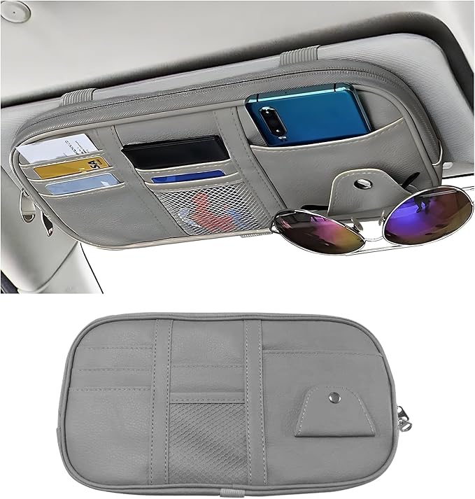 Car Sun Visor Organizer, Leather Multi-Pocket Visor Organizer Pouch with Double Zippers Net, Sunglass Holder Storage Pocket for License Pen Key Card Registration Document (Gray)