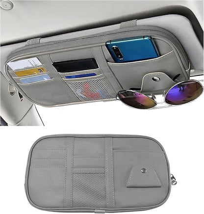 Car Sun Visor Organizer, Leather Multi-Pocket Visor Organizer Pouch with Double Zippers Net, Sunglass Holder Storage Pocket for License Pen Key Card Registration Document (Gray)