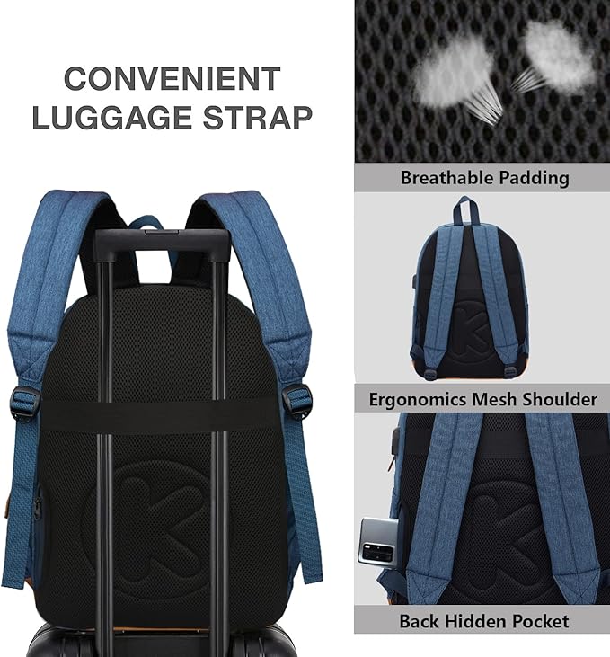 Laptop Backpack with Leather Decoration, USB Charging Port, Classic Backpack for College, Work, Travel(18 Inches/Navy)