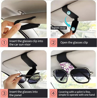 Sunglasses Holder for Car Visor, PU Leather Glasses Clip Organizer, Cute Magnetic Eyeglass Holder for Vehicle Sun Visor, Car Interior Accessory for Women & Men Pink Purple Butterflies