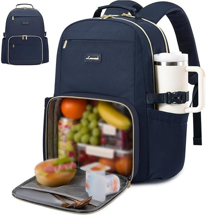 LOVEVOOK Lunch Backpack with Lunch Compartment,17 Inch Laptop Work Travel Insulated Cooler Backpack Purse, Waterproof College Teacher Lunch Bag Box with Tumbler Holder,Gifts for Men Women,Dark blue