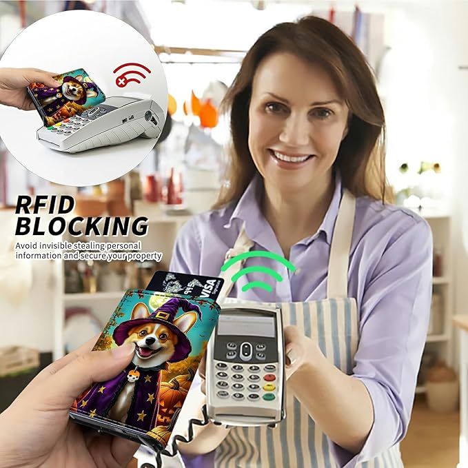 Minimalist Wallet for Men's Card Holders, Pop-Up Card Case Durable Wallets for Women, Leather Automatic Credit Card Holder with Metal Money Clip RFID Blocking Bifold Pocket, Purple Clad Dog