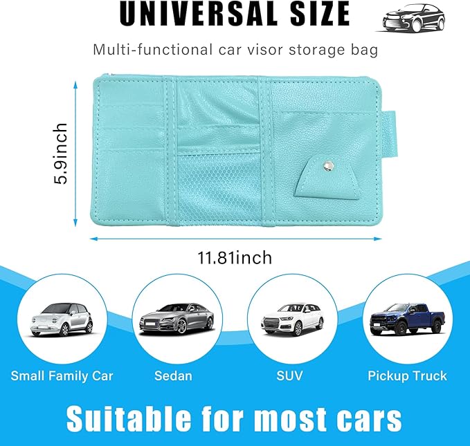 Augeny Car Sun Visor Organizer, Leather Personal Belonging Storage Pouch with Zipper, Car Visor Storage Pouch Sunglasses Holder, Auto Interior Accessories Pocket Organizers (Blue)