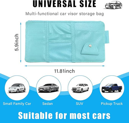 Augeny Car Sun Visor Organizer, Leather Personal Belonging Storage Pouch with Zipper, Car Visor Storage Pouch Sunglasses Holder, Auto Interior Accessories Pocket Organizers (Blue)