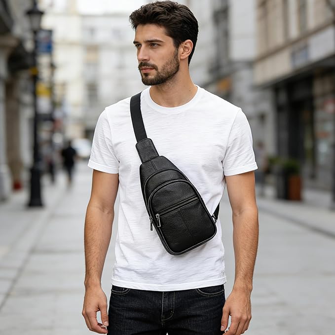 Genuine Leather Sling Bag Multi-pocket Chest Bag for Men Hiking Travel Daypack