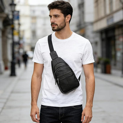 Genuine Leather Sling Bag Multi-pocket Chest Bag for Men Hiking Travel Daypack