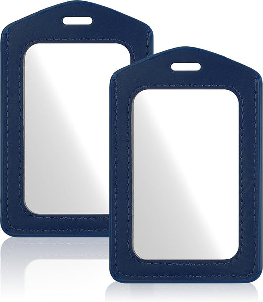 Mabor 2Pcs Leather Badge Holder - Vertical Double-Sided Clear ID Card Sleeve for Office/School/Employee (Navy Blue)