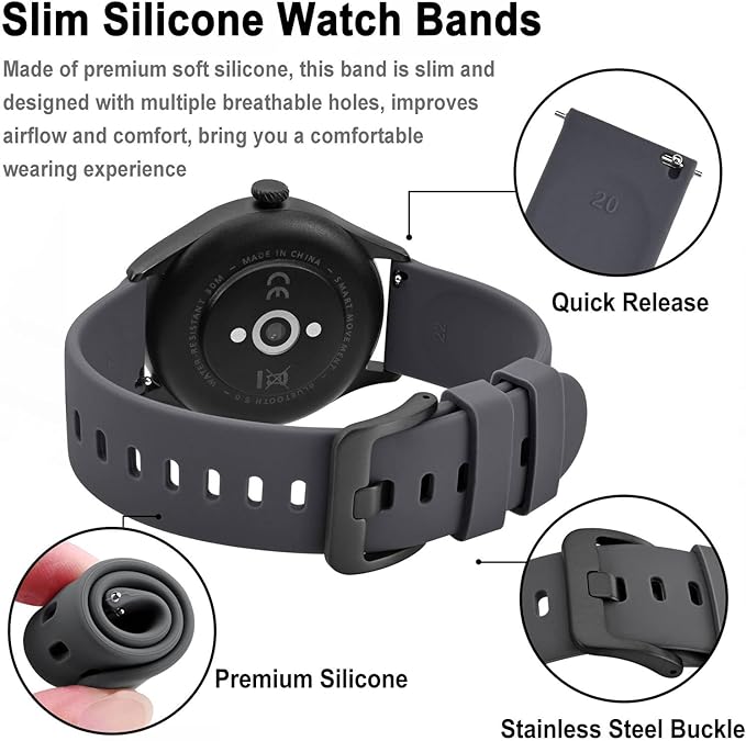 BISONSTRAP Silicone Watch Bands, Slim Watch Straps with Quick Release, 21mm, Grey with Black Buckle