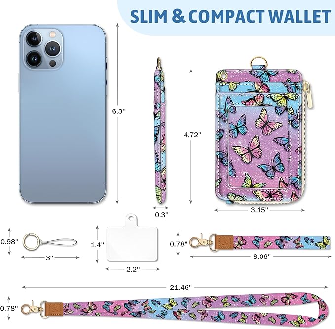 Piefly Butterfly Lanyard Wallet with ID Badge Holder, Small RFID Wallet Women Keychain Wristlet, Slim Credit Card Holder Case with Zipper Pocket Phone Lanyard Wrist Strap Name Tag Office Teacher Gift