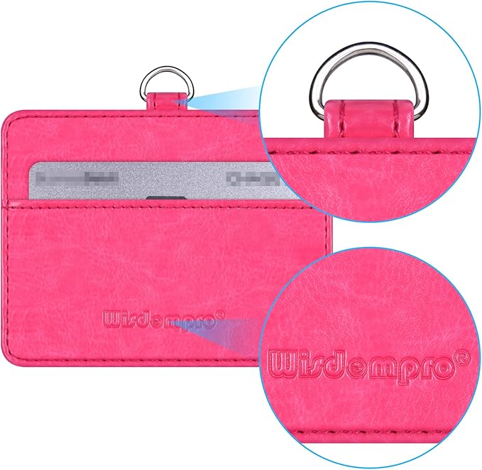 Wisdompro 2-Sided PU Leather ID Badge Holder with 1 ID Window and 1 Card Slot and 1 piece 23 Inch Adjustable Polyester Detachable Neck Lanyard Strap (Holds 3 to 4 Cards) - Hot Pink (Horizontal)