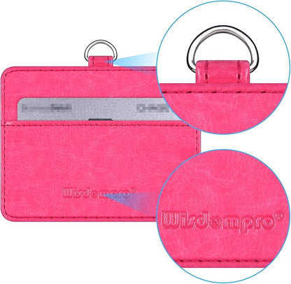 Wisdompro 2-Sided PU Leather ID Badge Holder with 1 ID Window and 1 Card Slot and 1 piece 23 Inch Adjustable Polyester Detachable Neck Lanyard Strap (Holds 3 to 4 Cards) - Hot Pink (Horizontal)