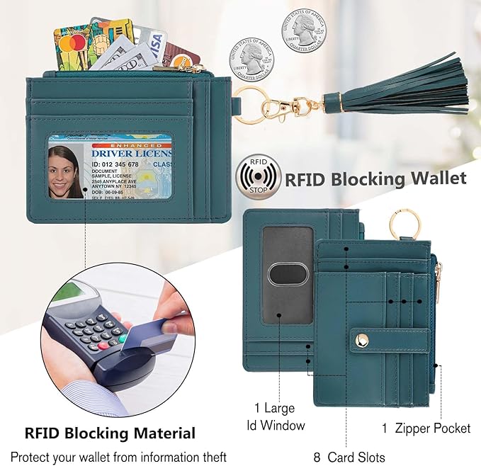 KNGITRYI Wallet Keychain Wristlet for Women,Slim RFID Credit Card Holder Purse Tassel Keychain Bangle Key Ring for Men Women