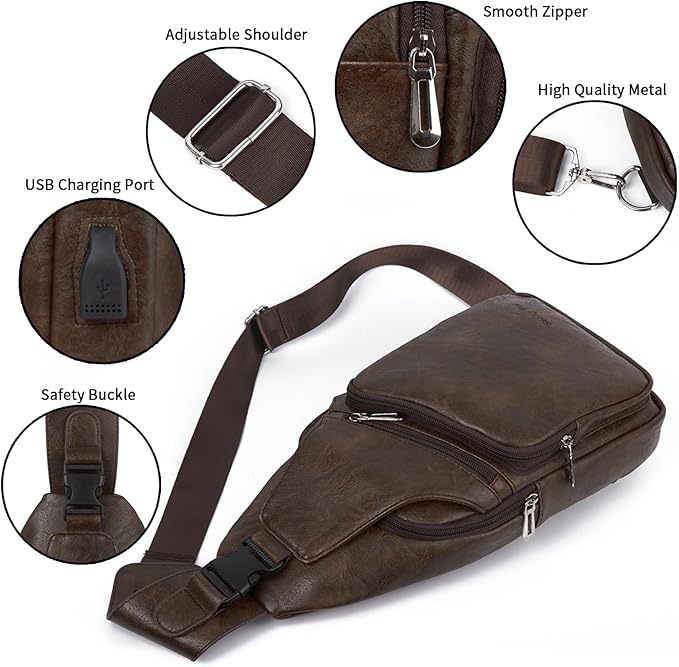 Seoky Rop Men's Vintage Leather Sling Bag Shoulder Crossbody Bag with USB Charge Port Casual Pack Dark Brown