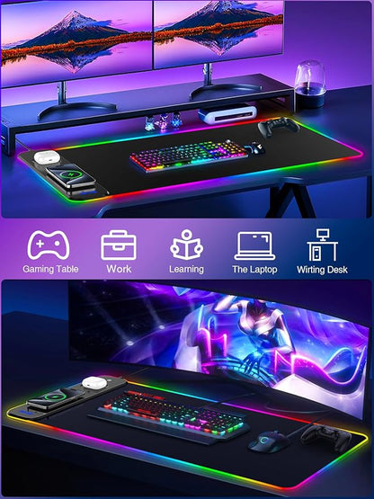 Magnetic Charging Mouse Pad 31.5x15.75, 15W Fast Wireless Charging Desk Mat, XXL Desk Pad RGB Gaming Mousepad, Home Office Large Keyboard Pad with Ultra-Smooth Surface, Non-Slip Base