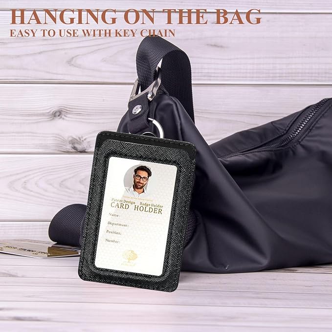 Badge Holder with Lanyard,Leather ID Card Holder,Vertical Lanyard ID Card Holder for Work Office (Black-Slim)