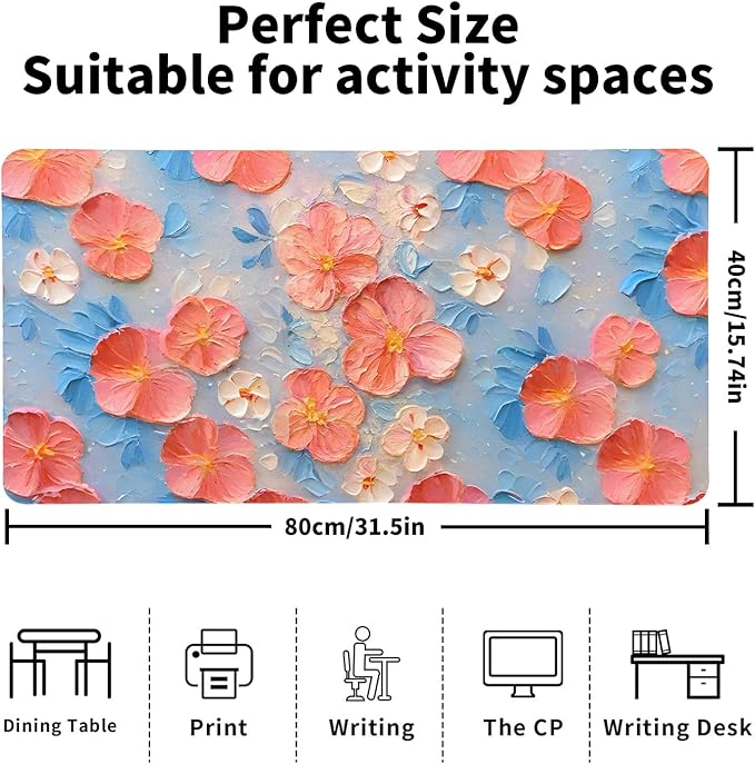 Oil Painting Flowers Desk Mat for Women, Large PU Leather Desk Pad with Non-Slip Base, Aesthetic Office Keyboard Cover for Gaming & Home Work, Artistic Desk Decor (31.5 * 15.75in)