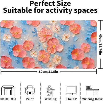 Oil Painting Flowers Desk Mat for Women, Large PU Leather Desk Pad with Non-Slip Base, Aesthetic Office Keyboard Cover for Gaming & Home Work, Artistic Desk Decor (31.5 * 15.75in)