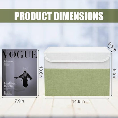 Bagnizer Large 22 Quart Linen Fabric Foldable Storage Bin Cube Organizer Basket with Flip-Top Lid & Handles, Clothes Blanket Box for Home, Office, Closet, Green & White, 4 Pack 14.6 x 9.5 x 9.5