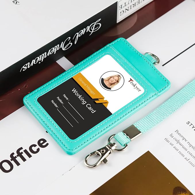 Teskyer Badge Holder with Lanyard, Leather ID Name Badge Card Holder with Lanyard for ID Badges, Vertical Green
