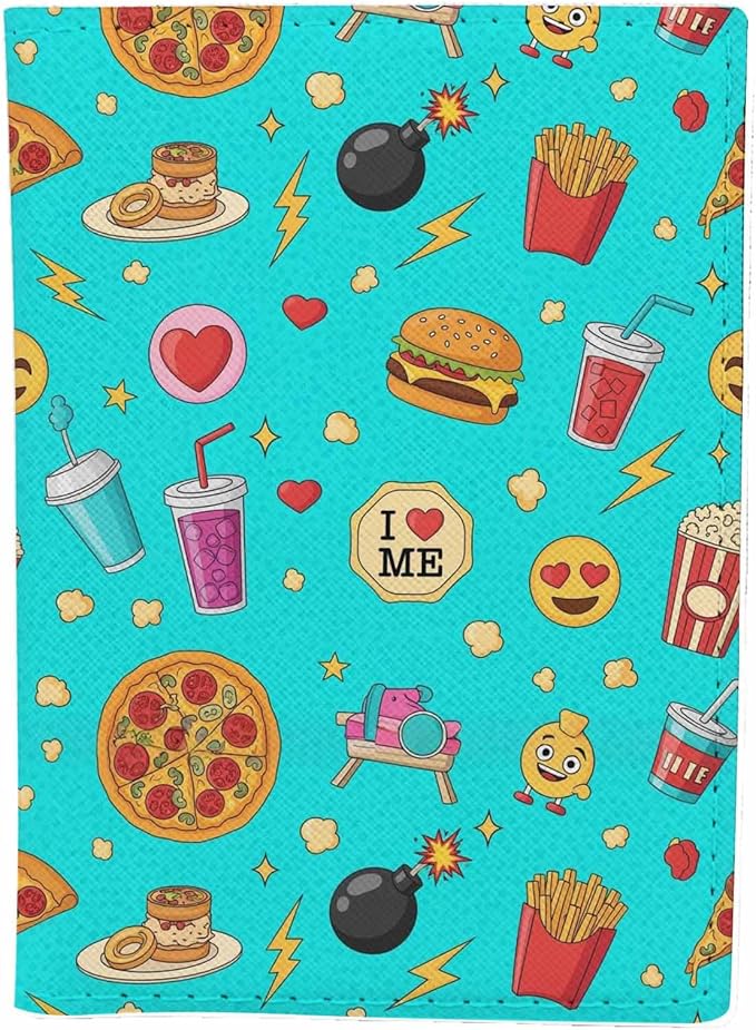 Fast Food Icons Passport Holder for Travel Fashion Popcorn Patches Pattern PU Leather Passport Cover Wallet Cute Passport Card Holder for Women and Men
