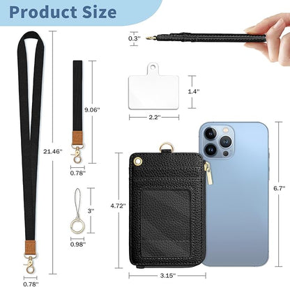 Lanyard Wallet with Id Badge Holder, Black RFID Small Keychain Wallet Women Wristlet, Minimalist Zipper Credit Card Holder Phone Wrist Neck Strap for Key Name Tag, Teacher Student Office Gift